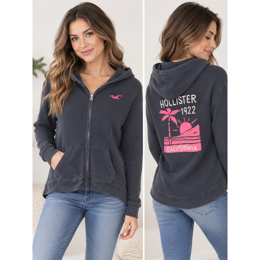 Hollister Full Zip Hoodie Womens Size Small Black California Graphic Fleece Logo